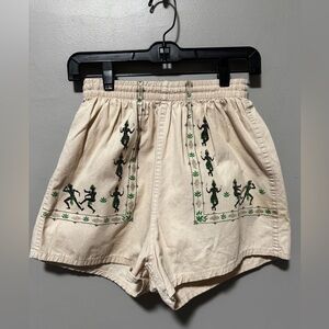 Vintage Tribal Dancer Print Shorts Size 32 Fits 30 Cream Cotton Elastic Waist